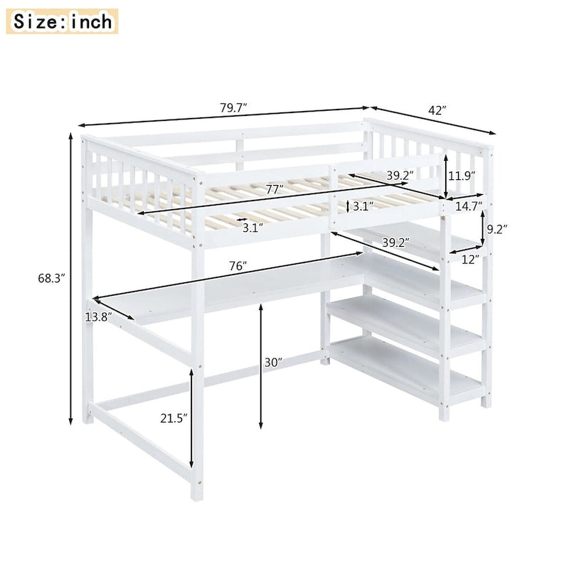 Lit mezzanine jumeau en pin massif avec bureau, étagères et barrières de sécurité