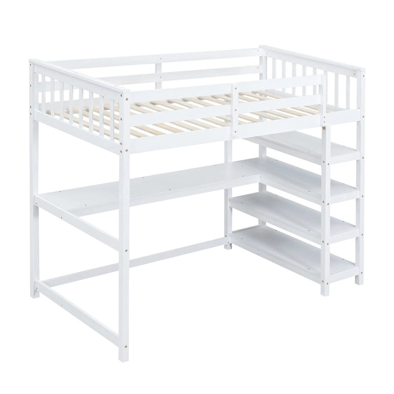 Lit mezzanine jumeau en pin massif avec bureau, étagères et barrières de sécurité