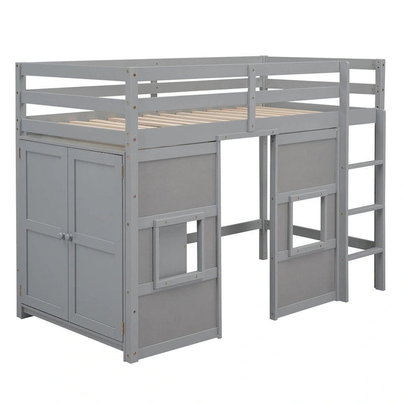 Lit mezzanine cabane pour enfants avec armoire échelle fenêtres en bois massif gris