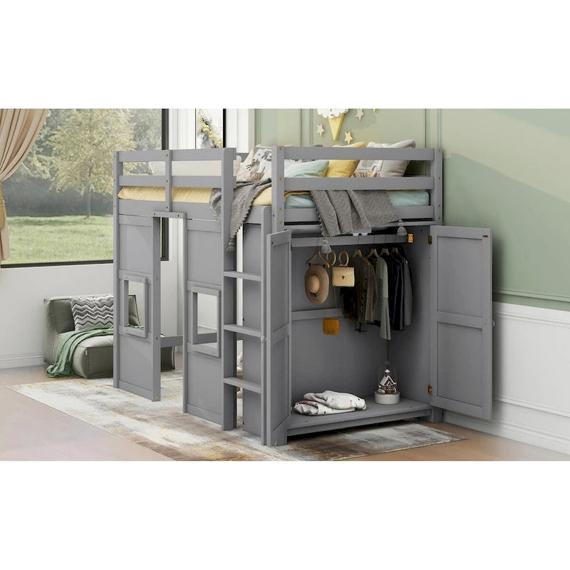 Lit mezzanine cabane pour enfants avec armoire échelle fenêtres en bois massif gris