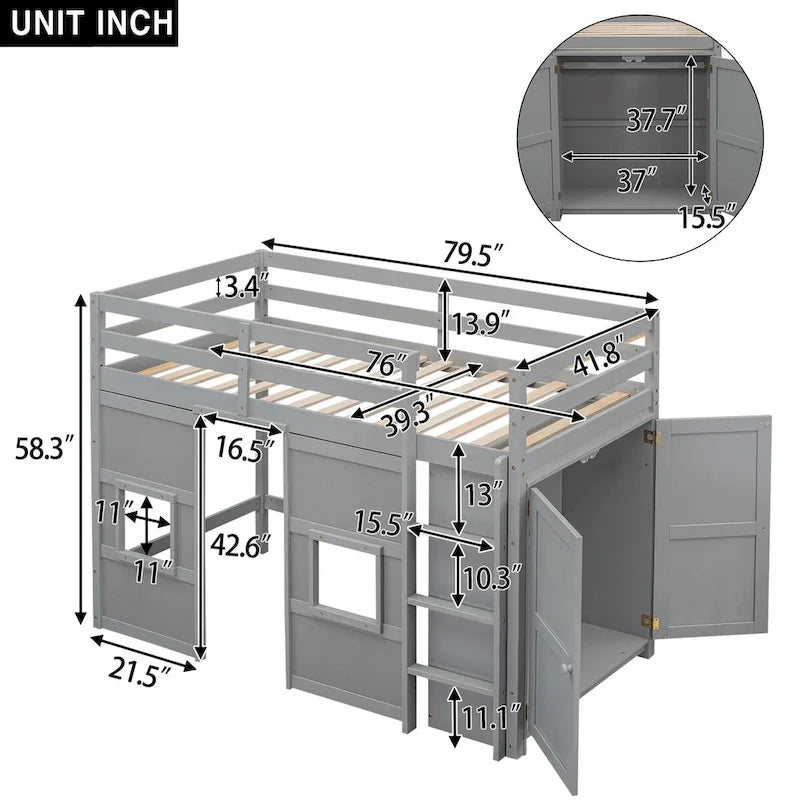 Lit mezzanine cabane pour enfants avec armoire échelle fenêtres en bois massif gris