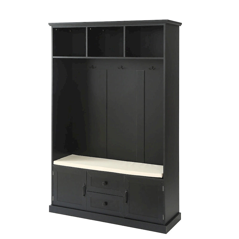 Meuble d'entrée avec 3 patères, casiers ouverts, tiroirs et rangement en placard