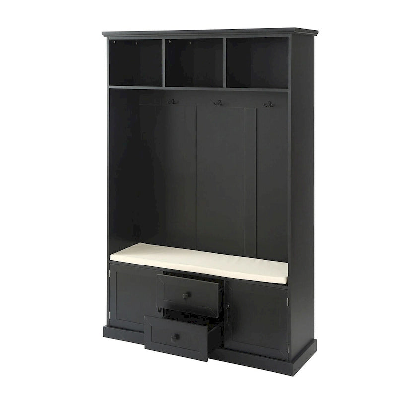 Meuble d'entrée avec 3 patères, casiers ouverts, tiroirs et rangement en placard
