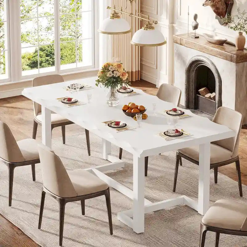Table à manger rectangulaire en bois massif blanc avec plateau épais, six places