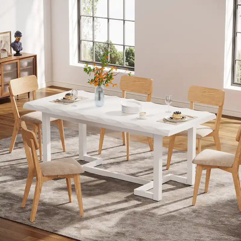 Table à manger rectangulaire en bois massif blanc avec plateau épais, six places