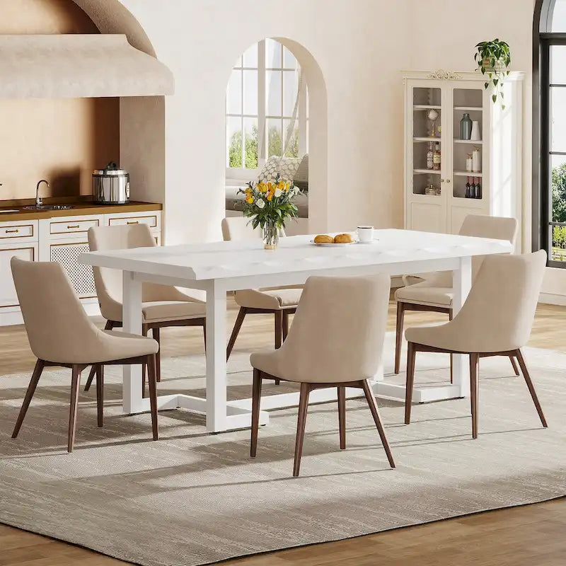 Table à manger rectangulaire en bois massif blanc avec plateau épais, six places