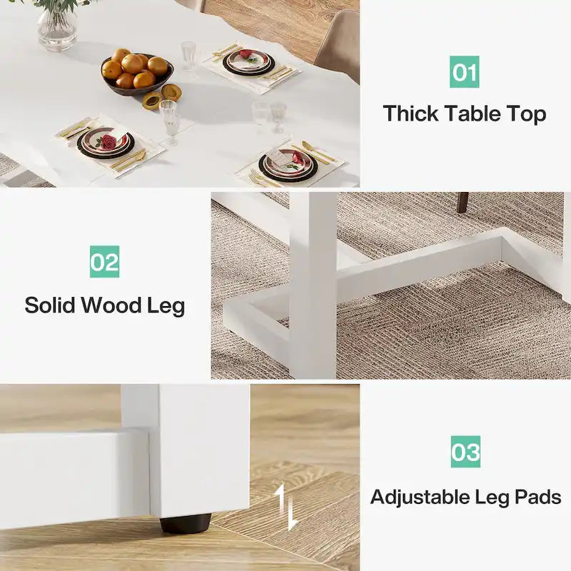 Table à manger rectangulaire en bois massif blanc avec plateau épais, six places