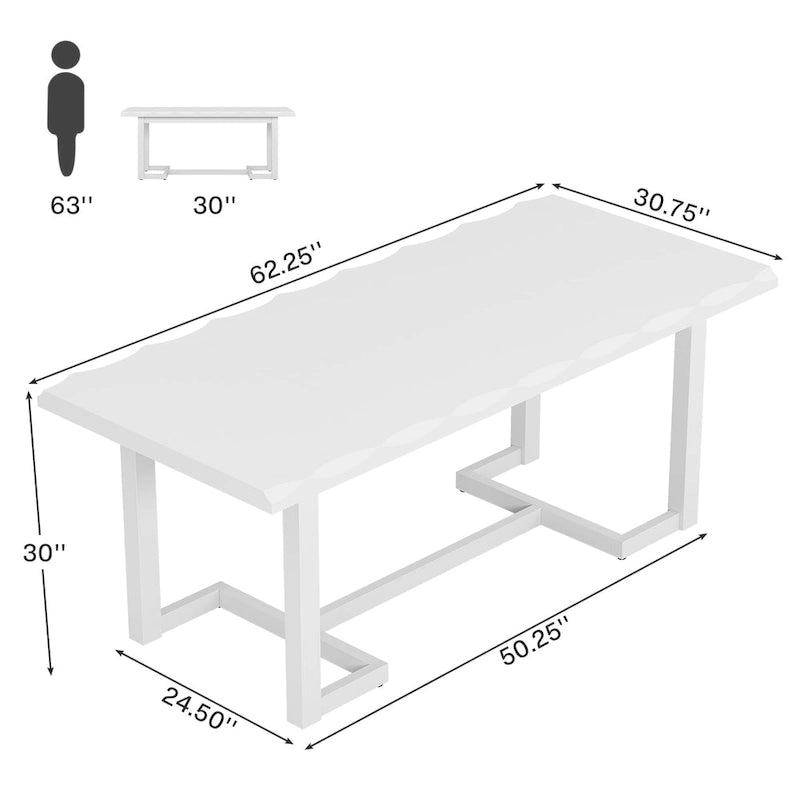 Table à manger rectangulaire en bois massif blanc avec plateau épais, six places