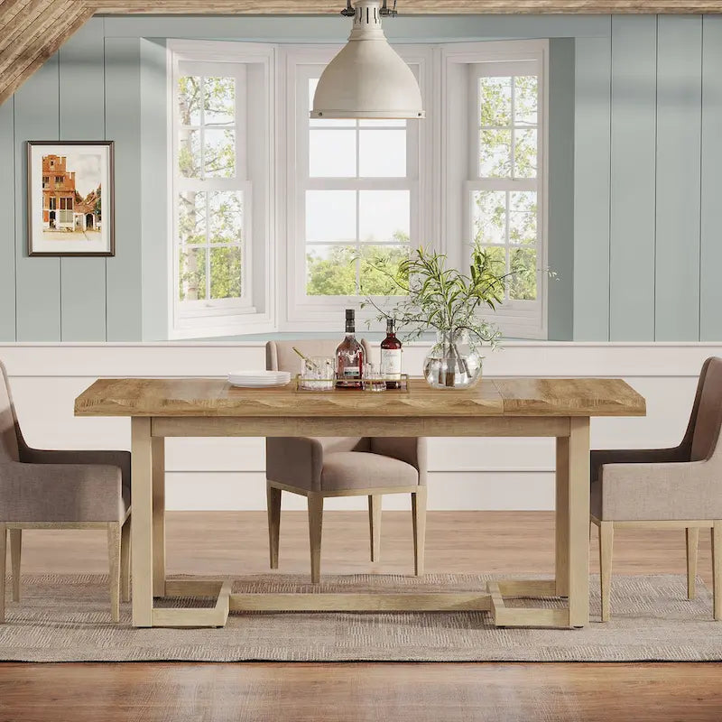 Table à manger rectangulaire en bois massif blanc avec plateau épais, six places