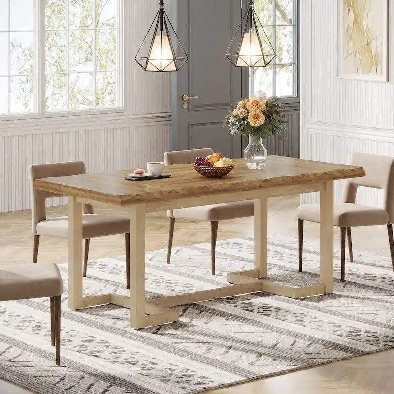 Table à manger rectangulaire en bois massif blanc avec plateau épais, six places