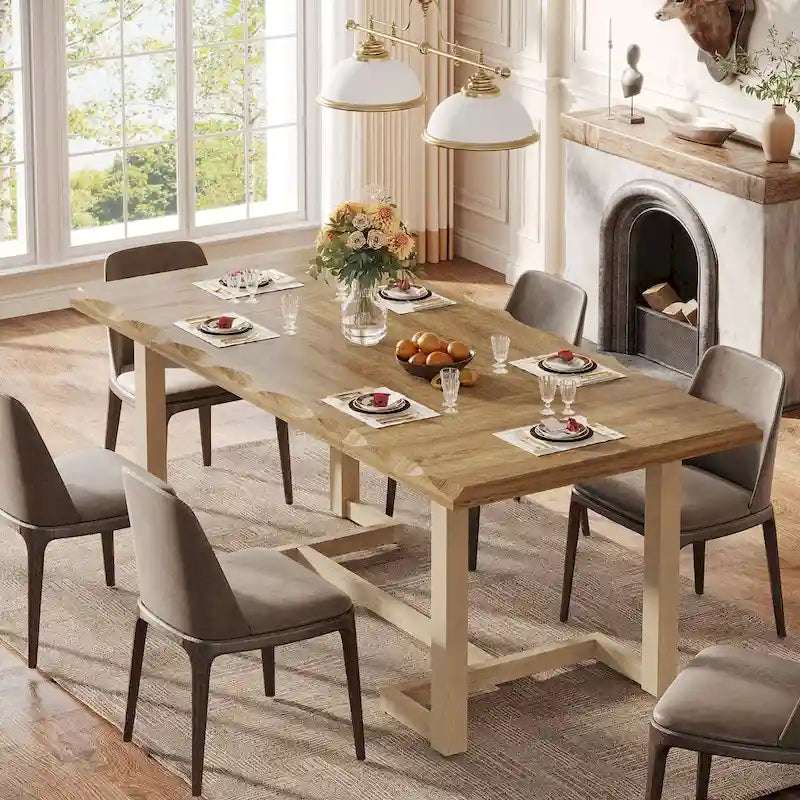 Table à manger rectangulaire en bois massif blanc avec plateau épais, six places