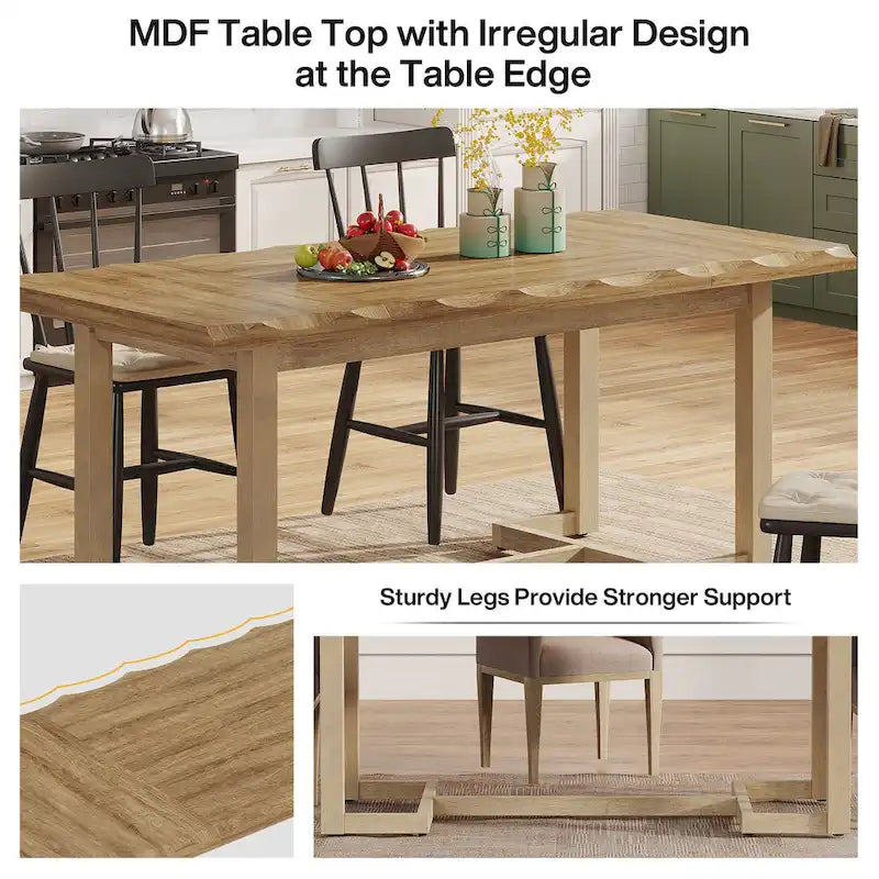 Table à manger rectangulaire en bois massif blanc avec plateau épais, six places