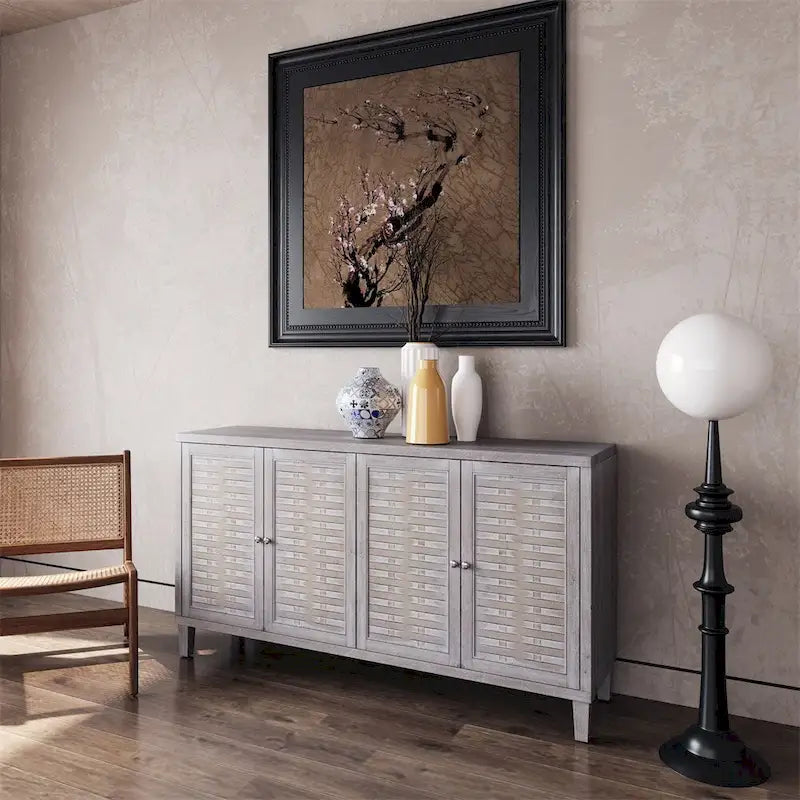 Bahut en bois à 4 portes, motif tressé, finition bois naturel délavé