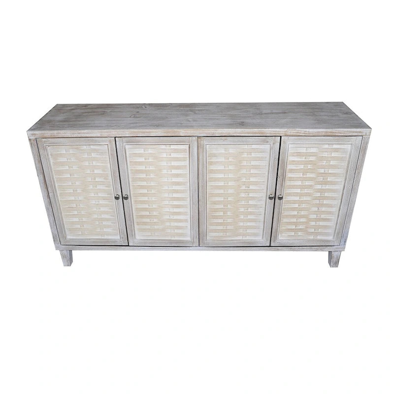 Bahut en bois à 4 portes, motif tressé, finition bois naturel délavé