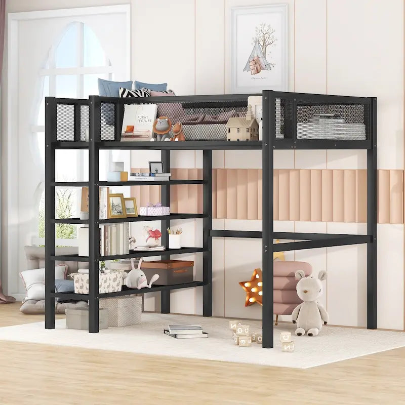 Lit mezzanine en métal avec étagères de rangement et tablette latérale Blanc Noir Rose