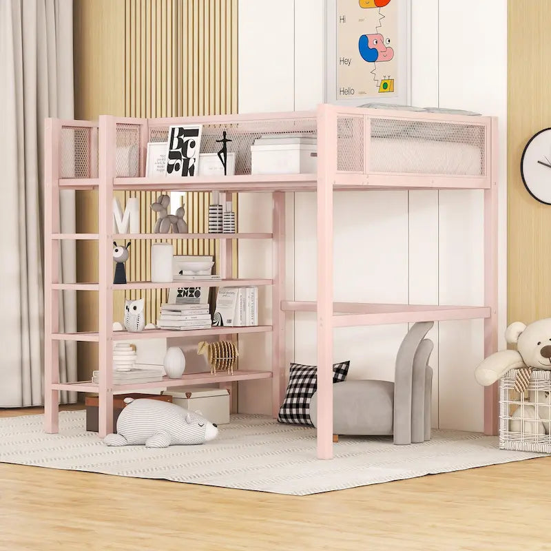 Lit mezzanine en métal avec étagères de rangement et tablette latérale Blanc Noir Rose
