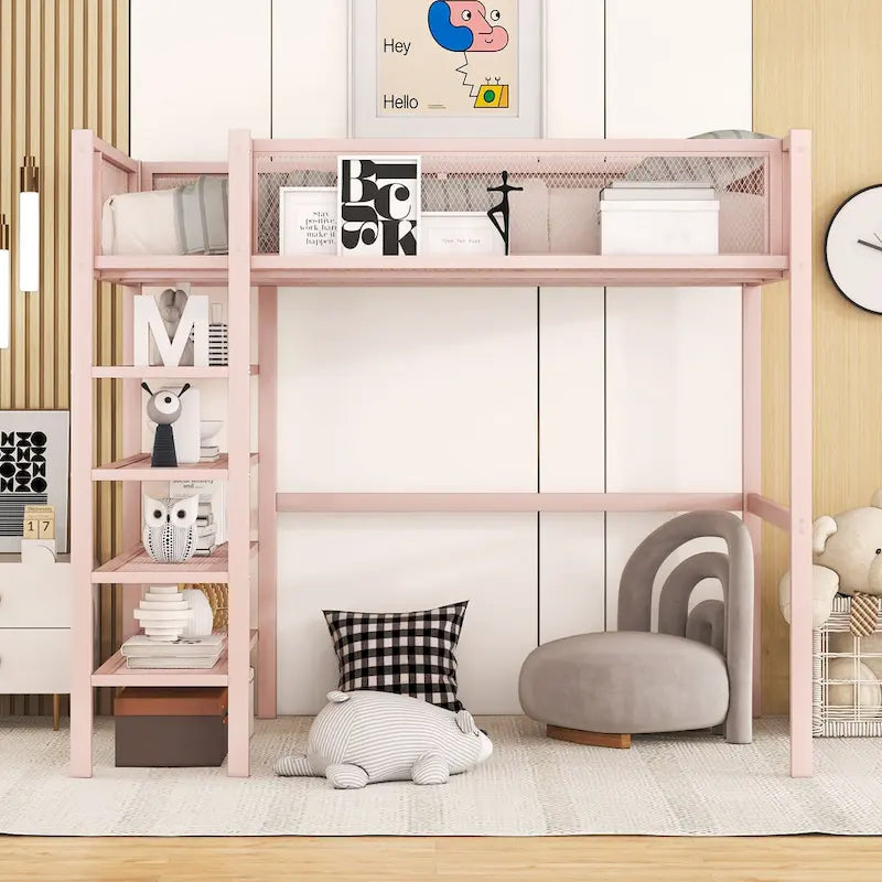 Lit mezzanine en métal avec étagères de rangement et tablette latérale Blanc Noir Rose