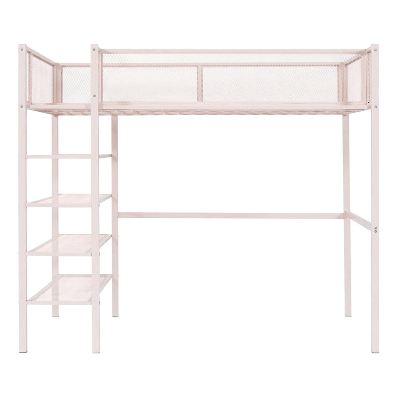 Lit mezzanine en métal avec étagères de rangement et tablette latérale Blanc Noir Rose