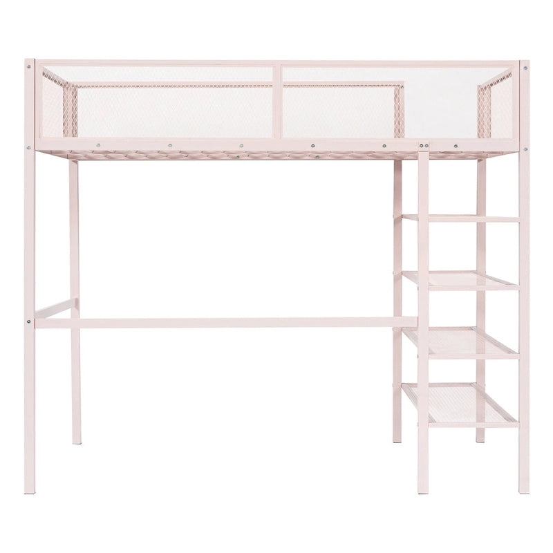Lit mezzanine en métal avec étagères de rangement et tablette latérale Blanc Noir Rose