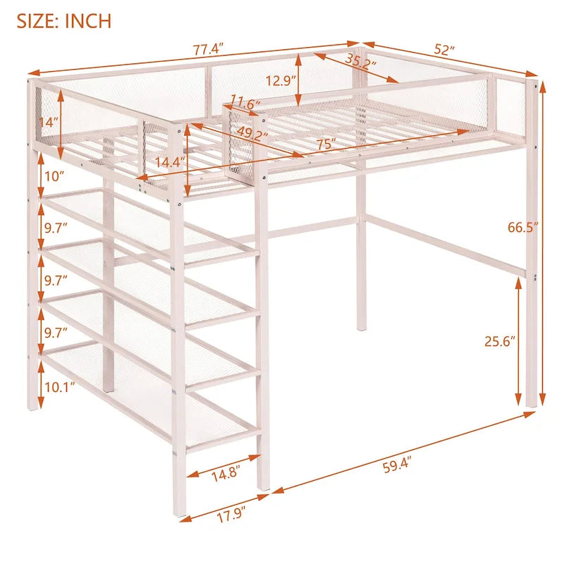 Lit mezzanine en métal avec étagères de rangement et tablette latérale Blanc Noir Rose