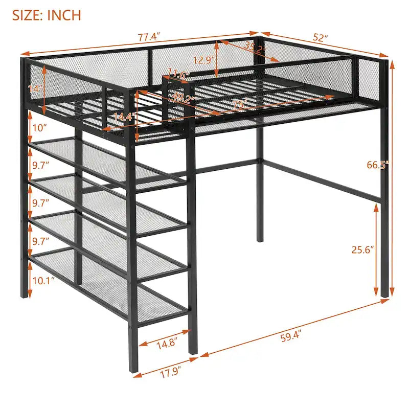 Lit mezzanine en métal avec étagères de rangement et tablette latérale Blanc Noir Rose