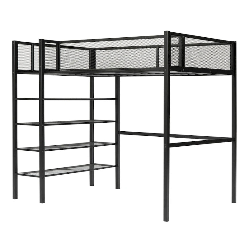 Lit mezzanine en métal avec étagères de rangement et tablette latérale Blanc Noir Rose