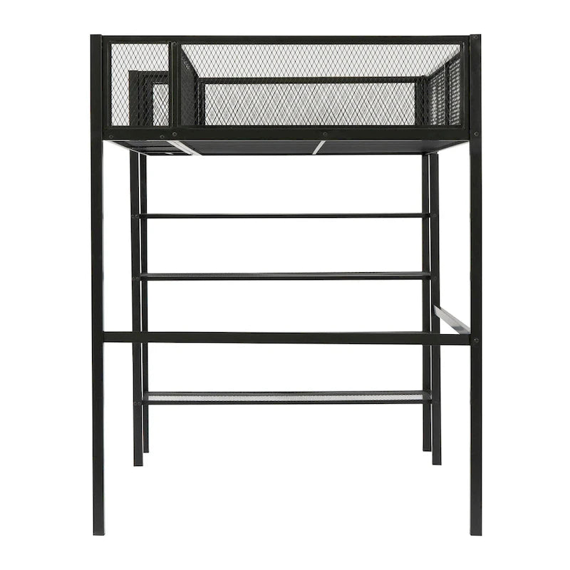 Lit mezzanine en métal avec étagères de rangement et tablette latérale Blanc Noir Rose