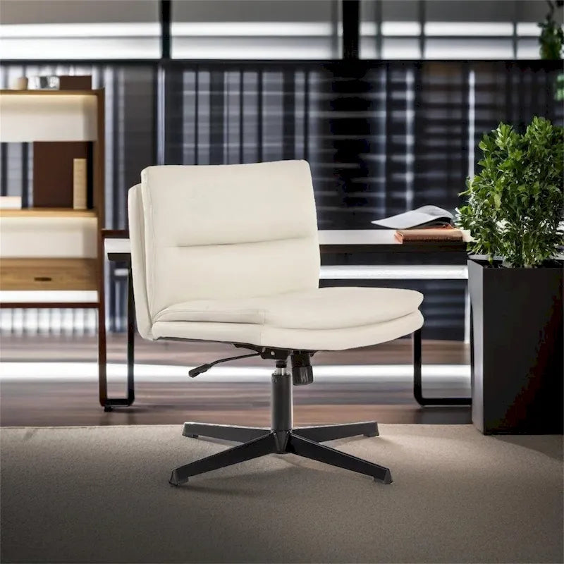 Chaise de bureau sans accoudoirs blanche en cuir PU, pivotante, réglable en hauteur, sans roulettes