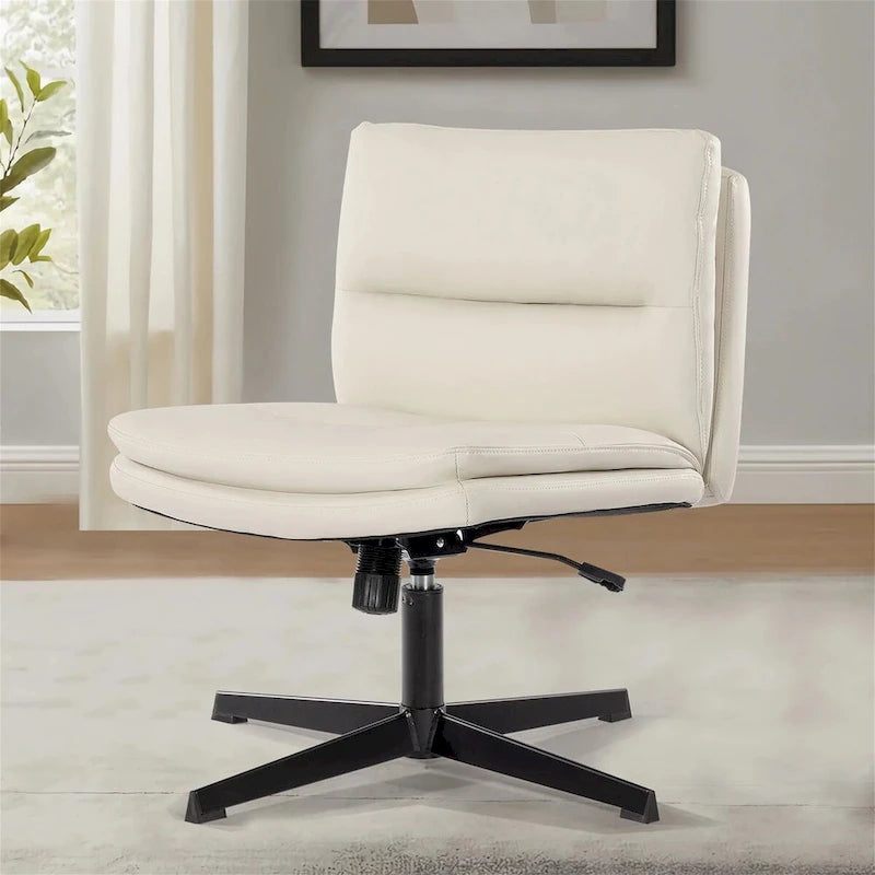 Chaise de bureau sans accoudoirs blanche en cuir PU, pivotante, réglable en hauteur, sans roulettes
