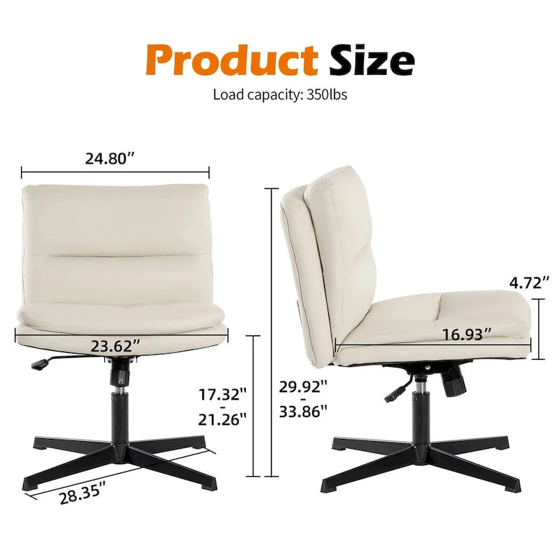 Chaise de bureau sans accoudoirs blanche en cuir PU, pivotante, réglable en hauteur, sans roulettes