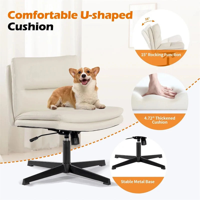 Chaise de bureau sans accoudoirs blanche en cuir PU, pivotante, réglable en hauteur, sans roulettes