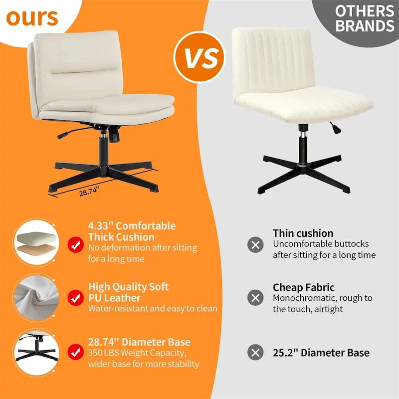 Chaise de bureau sans accoudoirs blanche en cuir PU, pivotante, réglable en hauteur, sans roulettes