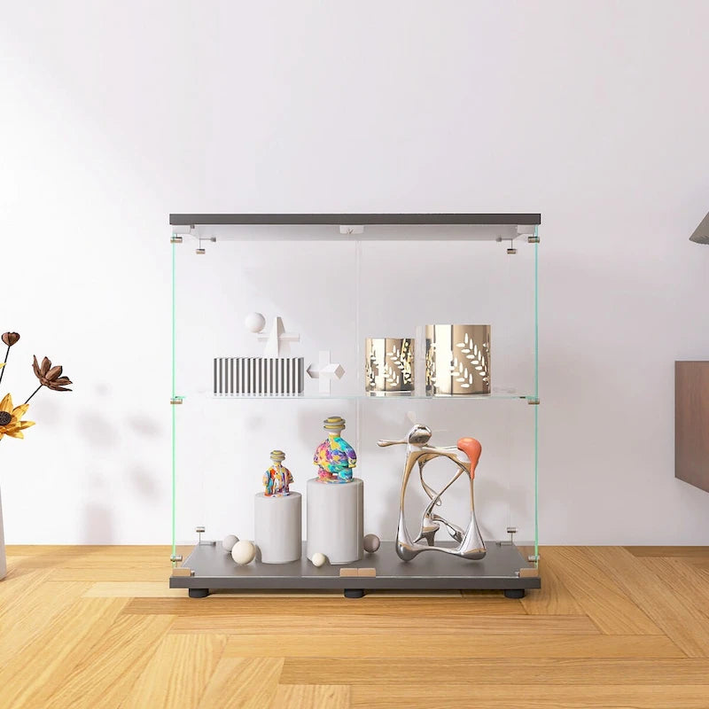 Vitrine en verre trempé deux étagères blanche noire présentoir de rangement