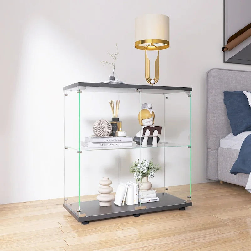 Vitrine en verre trempé deux étagères blanche noire présentoir de rangement