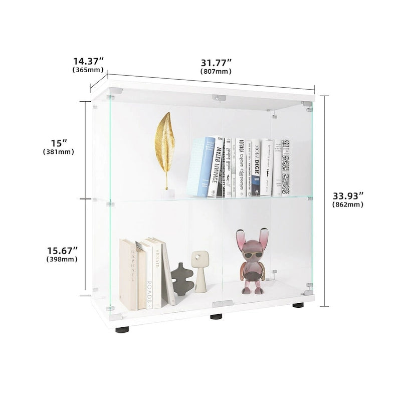 Vitrine en verre trempé deux étagères blanche noire présentoir de rangement