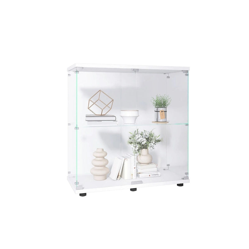 Vitrine en verre trempé deux étagères blanche noire présentoir de rangement