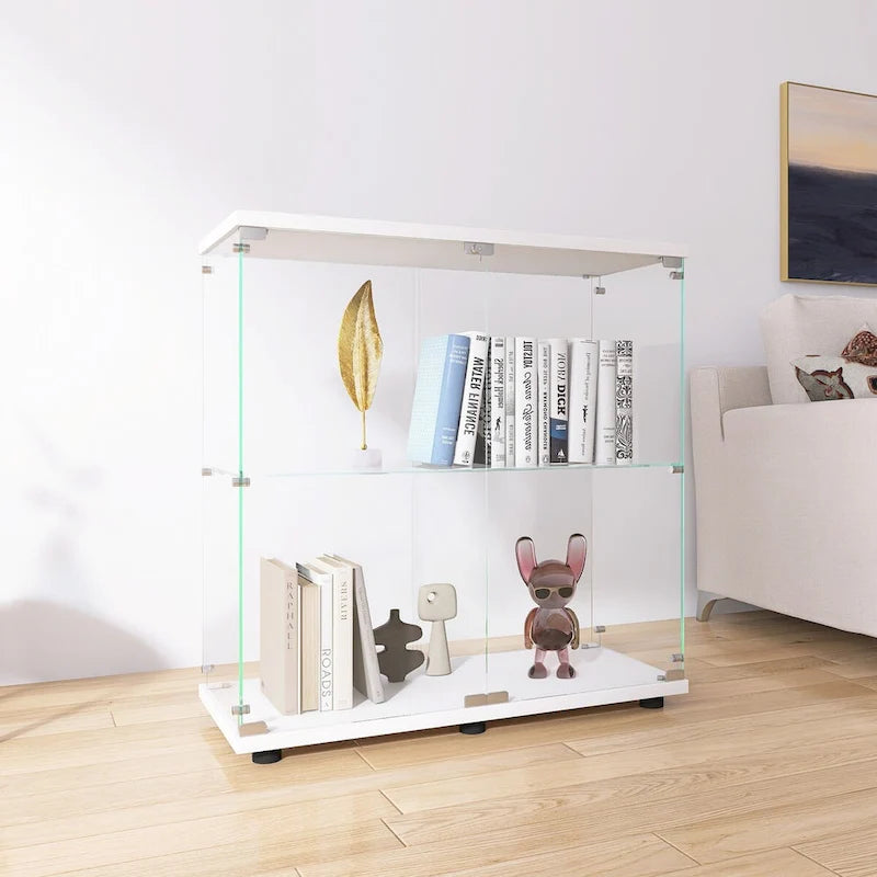 Vitrine en verre trempé deux étagères blanche noire présentoir de rangement