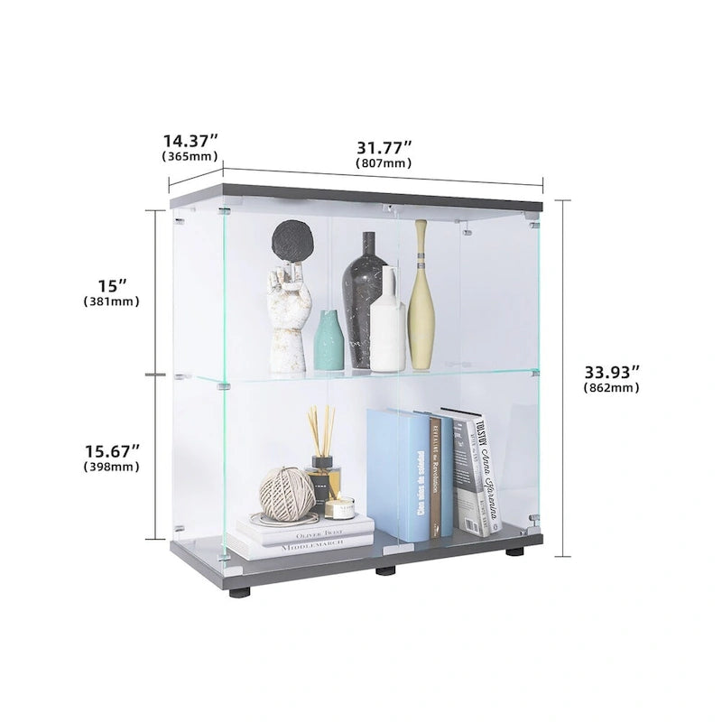 Vitrine en verre trempé deux étagères blanche noire présentoir de rangement