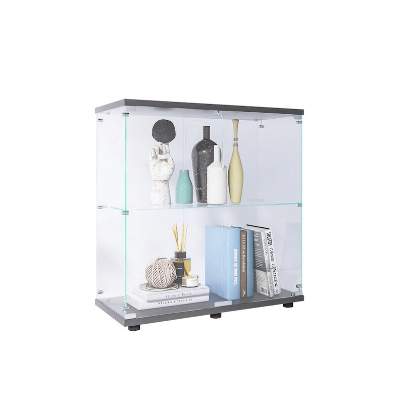 Vitrine en verre trempé deux étagères blanche noire présentoir de rangement