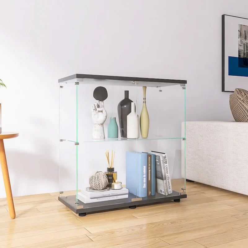 Vitrine en verre trempé deux étagères blanche noire présentoir de rangement
