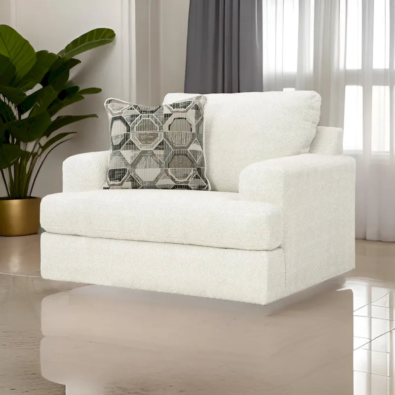 Fauteuil d'appoint surdimensionné avec coussin géométrique, assise lâche en polyester blanc