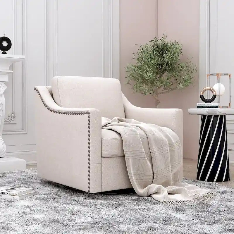 Fauteuil pivotant d'appoint en lin et coton blanc avec clous décoratifs et design ergonomique