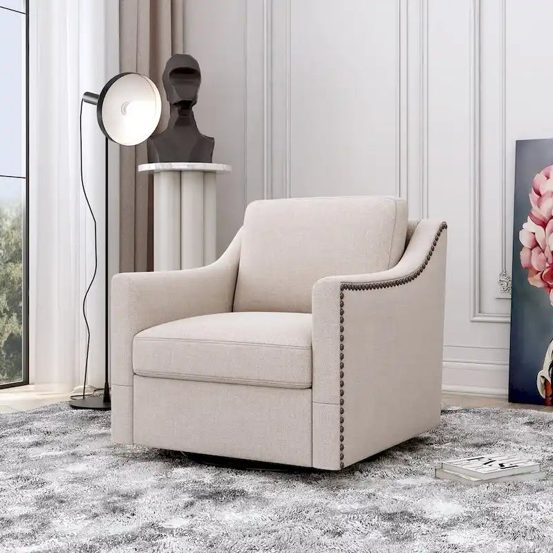 Fauteuil pivotant d'appoint en lin et coton blanc avec clous décoratifs et design ergonomique