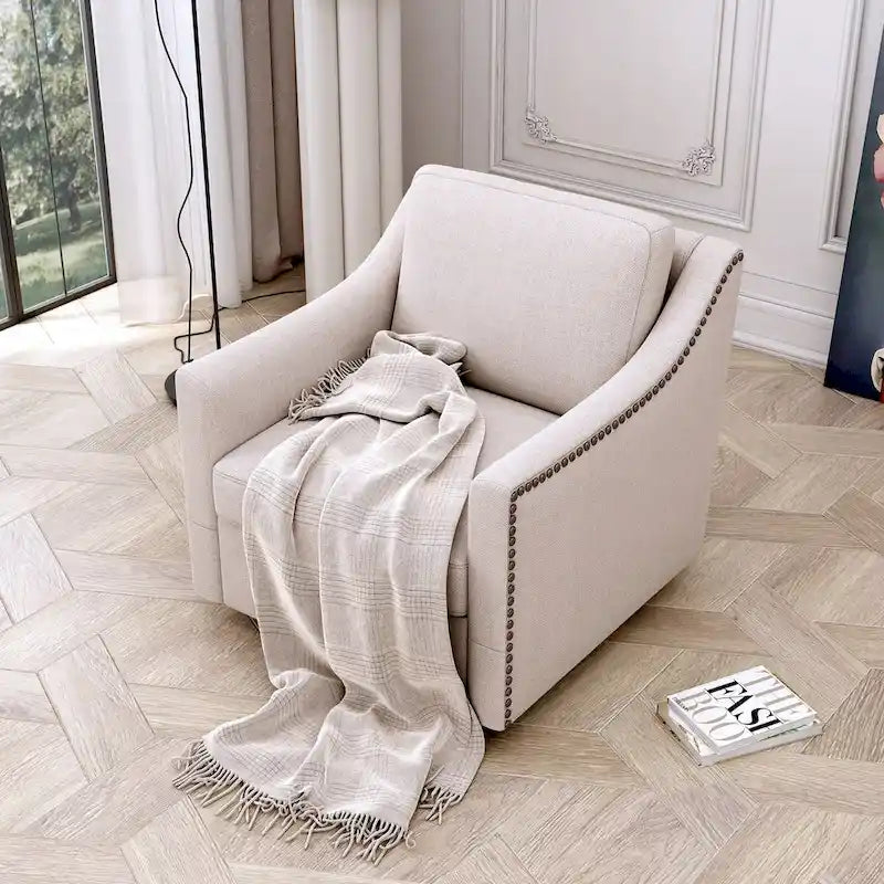 Fauteuil pivotant d'appoint en lin et coton blanc avec clous décoratifs et design ergonomique