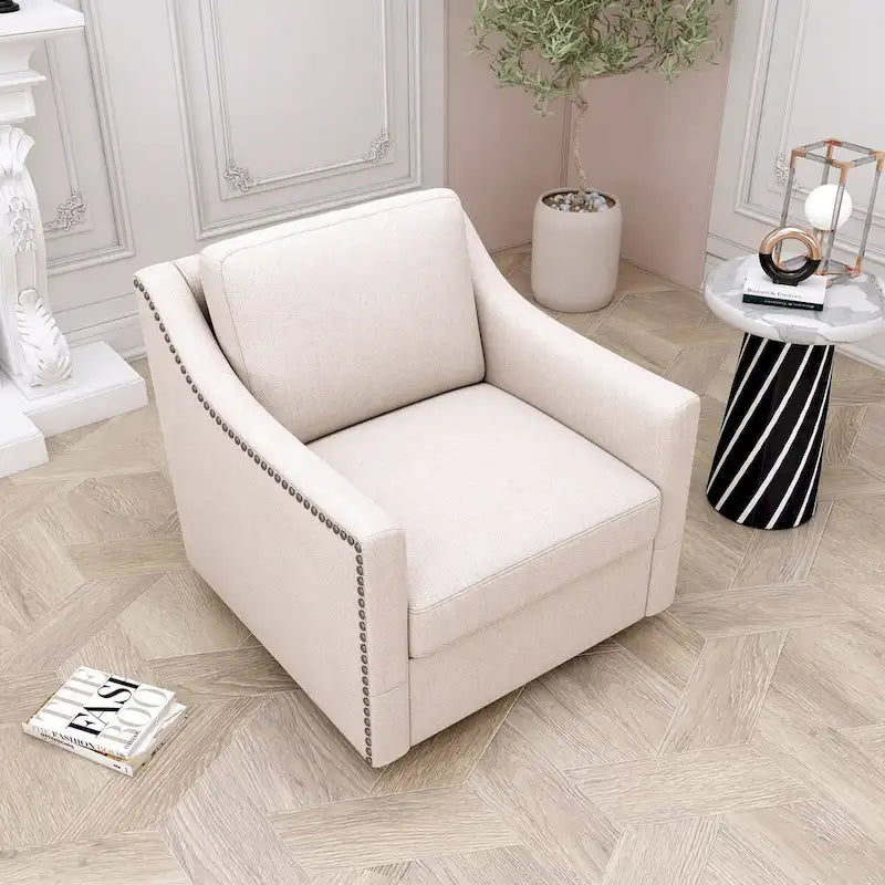 Fauteuil pivotant d'appoint en lin et coton blanc avec clous décoratifs et design ergonomique