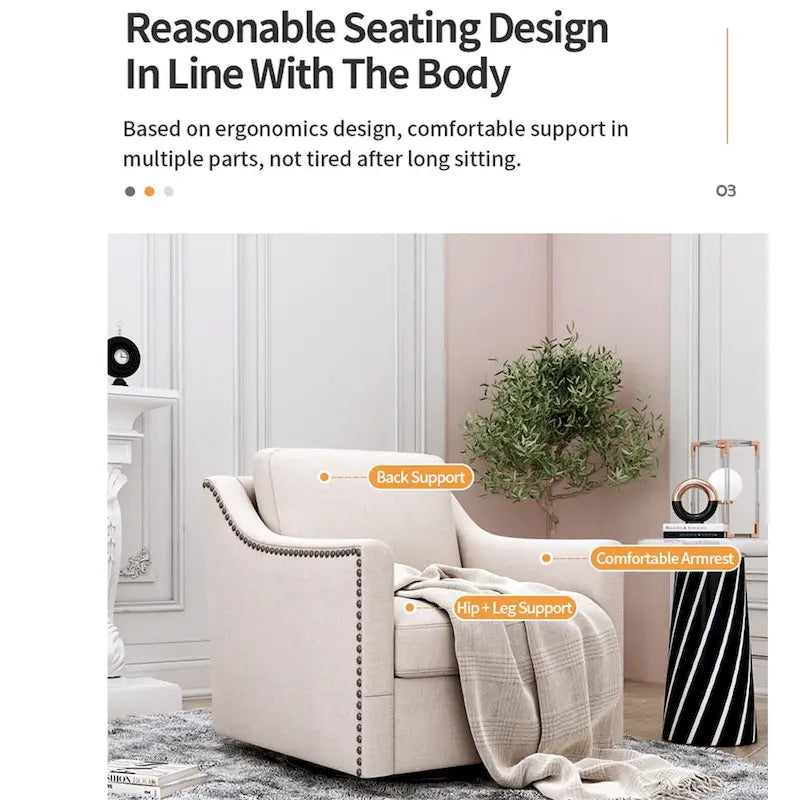 Fauteuil pivotant d'appoint en lin et coton blanc avec clous décoratifs et design ergonomique