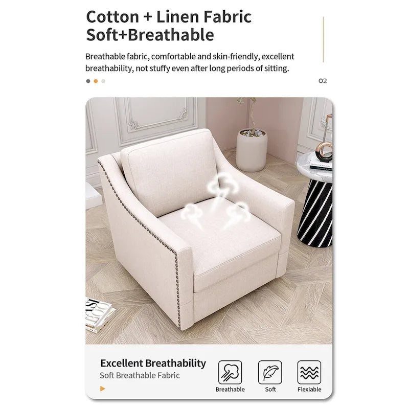 Fauteuil pivotant d'appoint en lin et coton blanc avec clous décoratifs et design ergonomique
