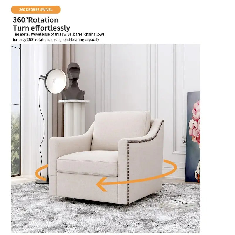 Fauteuil pivotant d'appoint en lin et coton blanc avec clous décoratifs et design ergonomique