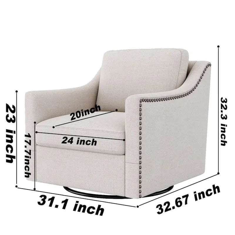 Fauteuil pivotant d'appoint en lin et coton blanc avec clous décoratifs et design ergonomique