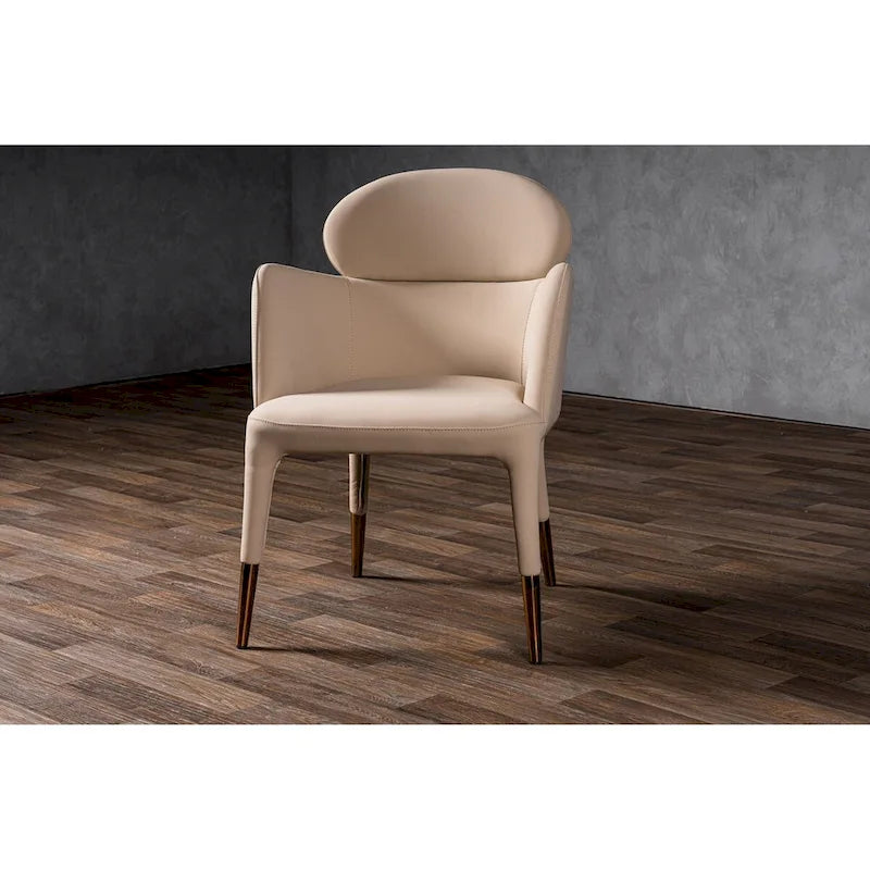Chaise de salle à manger avec accoudoirs en cuir végétalien beige et capuchons de pieds en or rose